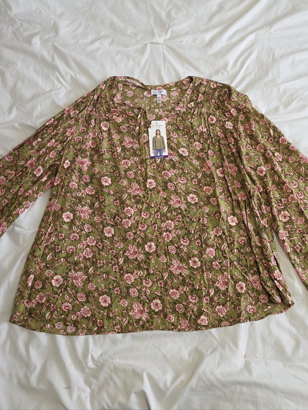Jessica Simpson Olive Floral Peasant Blouse with Pink Flowers
